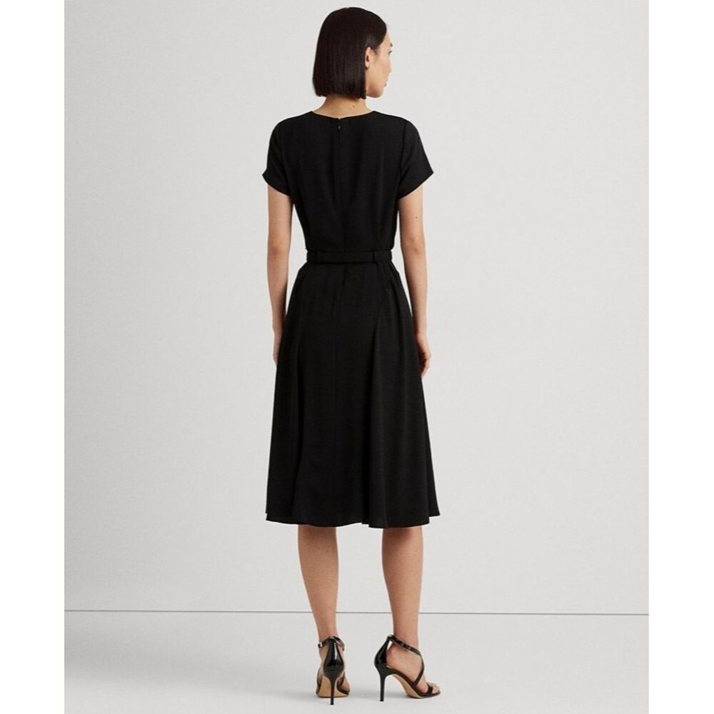 Lauren Ralph Lauren Women's Belted Fit & Flare Georgette Dress Rich Black 2 - Picture 3 of 12